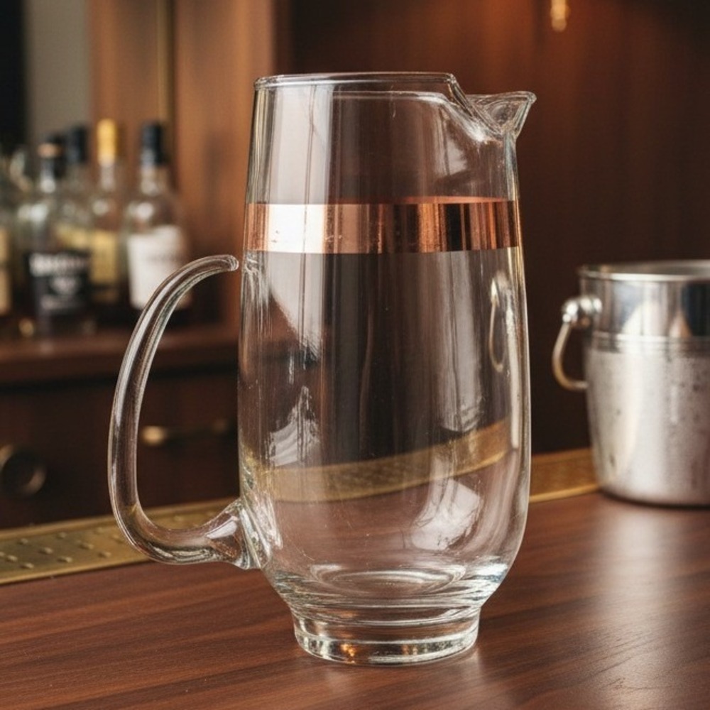 Libbey Platinum Band Pint Pitcher, Blown Glass Jug, Mid‎ Century Modern Barware